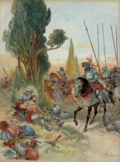 第六次意大利战争（1521-1526）：Pierre Terrail de Bayard（1476-1524）在 1524 年在 Rebec（意大利）的一次火绳枪袭击中受伤，与他面对面的是 Charles de Montpensier . 插图 作者 阿尔伯特·罗比达