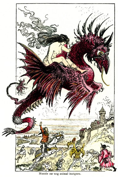 魅魔：骑着龙的女恶魔（女人 - 女性） - 由阿尔伯特·罗比达为奥诺雷·德·巴尔扎克的《Droatic Tales》绘制的插图 - 二十世纪初 作者 阿尔伯特·罗比达