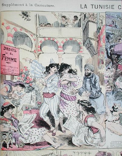 突尼斯的 "妇女权利"，来自《漫画》的漫画，1883年（彩色平印）。 作者 阿尔伯特·罗比达
