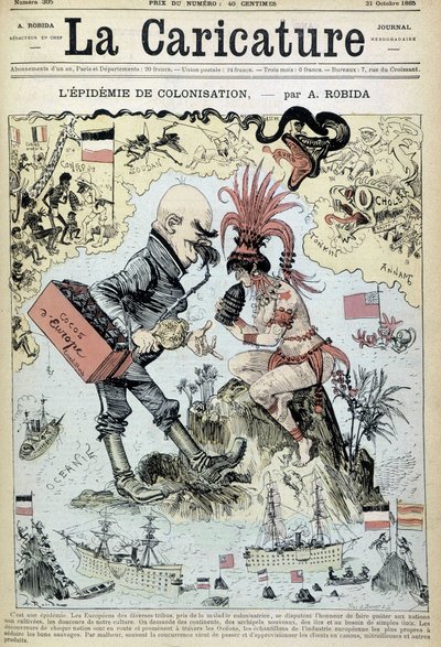 殖民化的流行：罗比达的反殖民主义绘画--载于1885年10月31日的《漫画》中 作者 阿尔伯特·罗比达