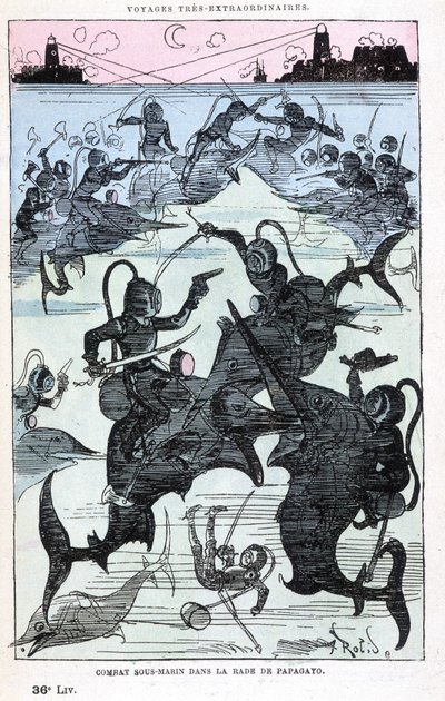 帕帕加约湾的水下战斗（船长骑鱼），模仿儒勒·凡尔纳，““土星法兰杜尔在世界 5 或 6 个地区以及儒勒·凡尔纳先生已知或未知的所有国家中非常不寻常的旅行”，罗比达， 巴黎 作者 阿尔伯特·罗比达