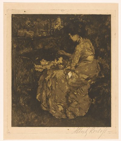 妇女给摇篮里的孩子喂粥 作者 Albert Roelofs（艺术家签名）