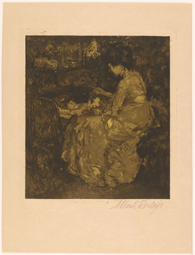 妇女用摇篮粥喂孩子 作者 Albert Roelofs（艺术家签名）