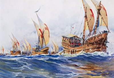 1268 年第八次十字军东征时路易九世国王的法国船只，阿尔贝-塞比耶（1874-1953 年）的水彩画 作者 阿尔伯特·塞比尔