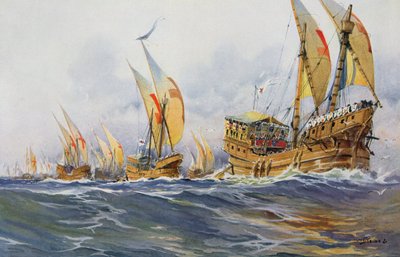 1268 年第八次十字军东征时的法国圣路易号战船（彩色石版画） 作者 阿尔伯特·塞比尔