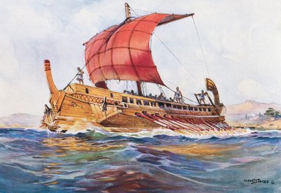 古希腊时代的轻型船，阿尔伯特-塞比勒（1874-1953 年）的水彩画 作者 阿尔伯特·塞比尔