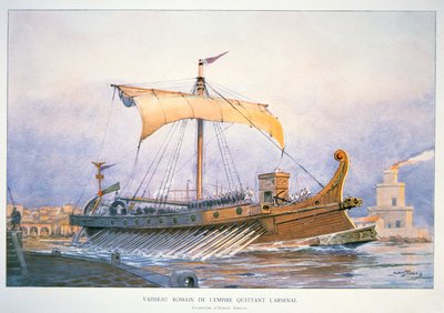罗马帝国的船只驶离港口，约 1930 年（彩色石版画） 作者 阿尔伯特·塞比尔