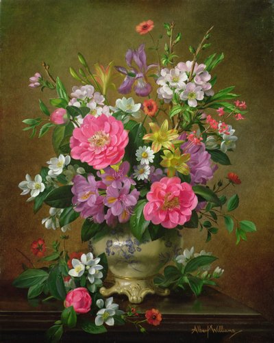 陶瓷花瓶里的花朵，鸢尾花和牡丹花（A31） 作者 阿尔伯特·威廉姆斯