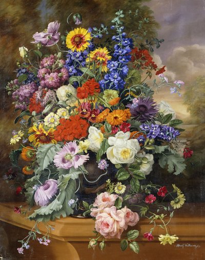 玫瑰花、飞燕草、罂粟花和金盏花的静物画 作者 阿尔伯特·威廉姆斯