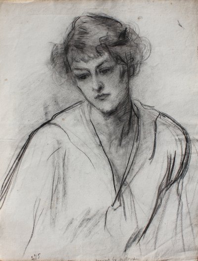 一个年轻女孩的半身画像，向前倾，c.1910（黑色粉笔在纸上） 作者 阿尔伯特·德·贝勒罗什