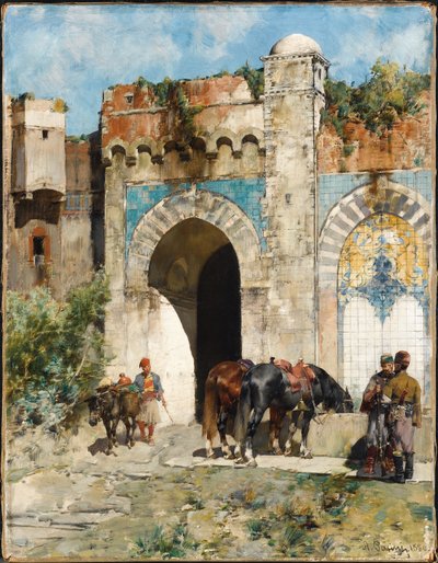 给马浇水，1880年 作者 阿尔贝托·帕西尼（Alberto Pasini）