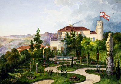 哈布斯堡的马克西米利安（1832-1867 年）的里雅斯特拉扎罗维奇别墅（Villa Lazzarovic）西南部带花园的外观 作者 Alberto Prosdocini 或 Prosdocimi