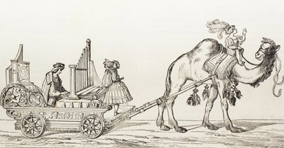 风琴师保罗-霍法纳在骆驼拉的马车上演奏，约1880年（雕版画）。 作者 Albrecht（之后）Durer或Duerer
