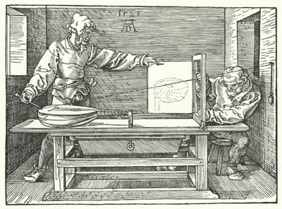 用琴弦构建琵琶的透视图像（雕刻）。 作者 Albrecht（之后）Durer或Duerer