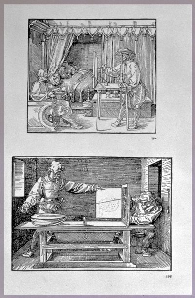 用于将三维物体转换成二维图形的装置，两个场景来自艺术家的第一本技术书籍，用指南针和尺子测量艺术的介绍，写作 作者 阿尔布雷希特丢勒