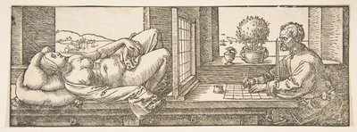 制图员制作透视图的斜倚女人，ca。 1600。 作者 阿尔布雷希特丢勒