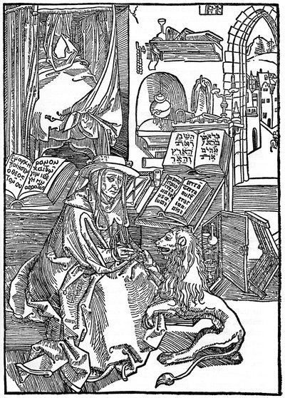 圣杰罗姆（St Jerome）在研究中从狮子的爪子中拔出刺，1492年，1936年 作者 阿尔布雷希特丢勒