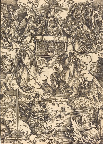 带着喇叭的七位天使，大概在1496-1498年。 作者 阿尔布雷希特丢勒