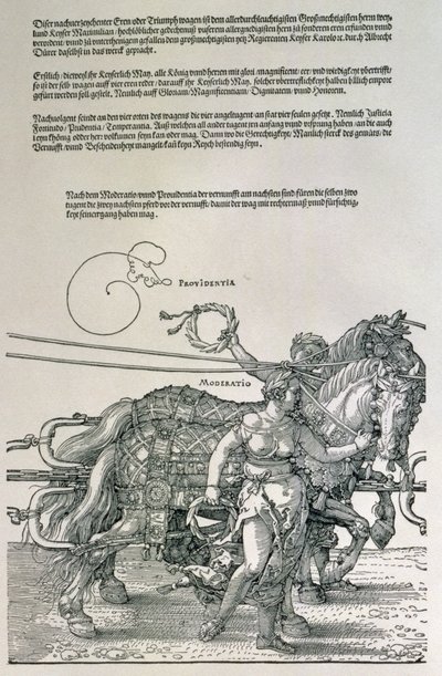 德国皇帝马克西米利安一世的凯旋战车（1459-1519）：马队的细节，由两个美德，普罗维登斯和适度，酒吧引导。 c.1518（木刻） 作者 阿尔布雷希特丢勒