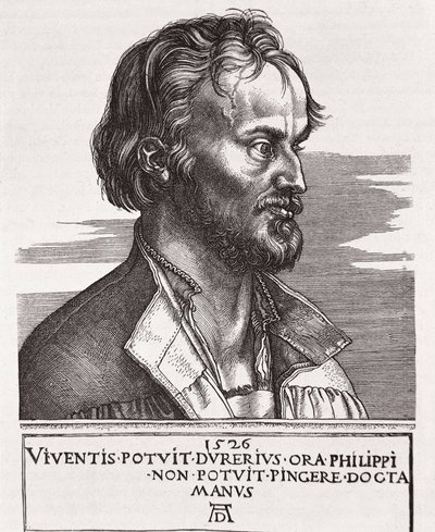 菲利普·施瓦泽德 (Philipp Schwarzerd) 称为梅兰奇顿 (1497-1560)。 神学家和路德的合作者（雕刻） 作者 阿尔布雷希特丢勒