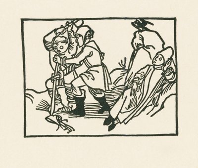 祭司躺在草地上，一只乌鸦在空心石上呱呱叫，约 1489-90 年（木刻） 作者 阿尔布雷希特·丢勒或丢勒