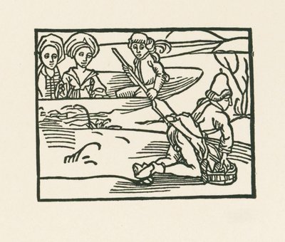 公爵夫人坐在小船上，牧师正在水上清洗内衣，约 1489-90 年（木刻版画） 作者 阿尔布雷希特·丢勒或丢勒