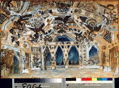 Decor pour la piece de theatre La Dame de la mer de Henrik (Henri) Johan Ibsen (1828-1906)（易卜生戏剧《海上夫人》的舞台设计）。Oeuvre de Alexander Yakovlevich Golovin (Alexandre Golovine) (1863-1930), 纸盒上的粉笔画 作者 亚历山大·雅科夫列维奇·戈洛文