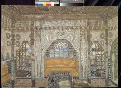 Decor preparatoire pour la piece "Othello" de William Shakespeare (1564-1616)（威廉-莎士比亚戏剧《奥赛罗》的舞台设计）- Peinture de Alexander Yakovlevich Golovin (Alexandre Golovine) (1863-1930), tempera sur bois（亚历山大-雅科夫列维奇-戈洛文（亚历山大-戈洛文）1863-1930 年），木板上的钢笔画 作者 亚历山大·雅科夫列维奇·戈洛文