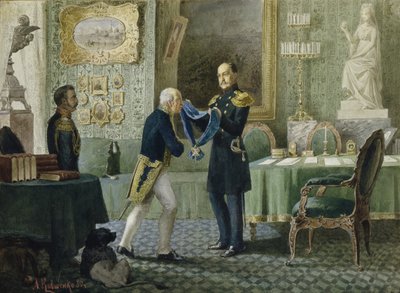 尼古拉斯一世（Emperor Nicholas I）将圣安德鲁勋章的蓝色肋骨授予Michail Speransky伯爵，1880年 作者 亚历山大·达尼洛维奇·基夫申科（Aleksei Danilovich Kivshenko）