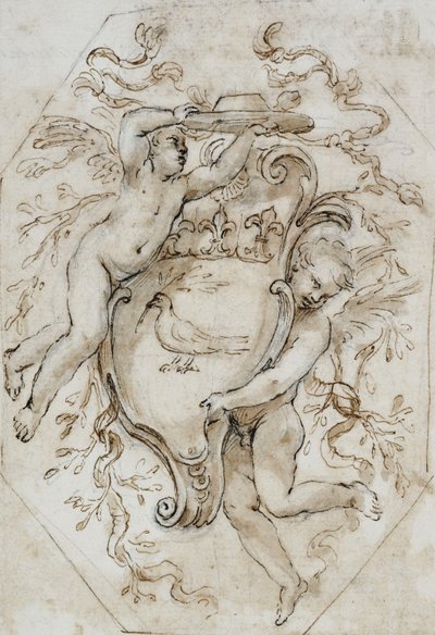 两个Putti用Camillo Pamphili的手臂支撑着红衣主教的帽子和一把手枪：灰泥装饰的设计， 作者 亚历山德罗·阿尔加迪