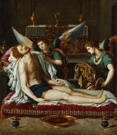 Le Corps du Christ oint par deux anges - 两名天使膏抹的基督之躯 - Allori, Alessandro (1535-1607) - 约 1593 - 铜面油画 - 45x39 - 布达佩斯 Szepmuveszeti 纪念馆 作者 亚历山德罗·阿洛里（Alessandro Allori）