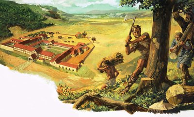 身份不明的男子正在砍柴，并将其运往下方的定居点 作者 亚历山德罗·比菲南迪