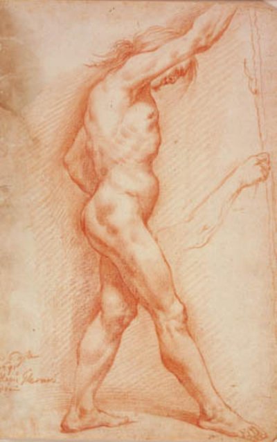 男性裸体站立，右侧侧面有一根杖，右臂有素描 作者 Alessandro Gherardini