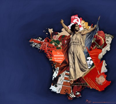 共产主义拼贴背景下的玛丽安娜。法国共产主义的寓言。2010 年 亚历山德罗-洛纳蒂创作的彩色绘画。 作者 亚历山德罗·洛纳蒂