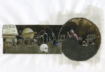 炼金术士在他的实验室里，周围是小瓶和蒸馏器 插图：Alessandro Lonati 作者 亚历山德罗·洛纳蒂