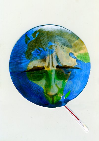 地球的寓言表现，由于人类造成的损害，口中的温度计插图由亚历山德罗·洛纳蒂（Alessandro Lonati）绘制 作者 亚历山德罗·洛纳蒂
