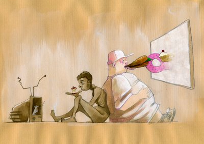我们共同的社会作为一个消费社会的寓意被夸张地表现为一个年轻的西方肥胖者在巨大的屏幕前吞咽快餐（垃圾食品），一个饥饿的人在电视机前绝望地看着一个苹果螺柱。 作者 亚历山德罗·洛纳蒂