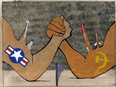 将冷战寓言地描述为美国和苏联武装部队之间的扳手腕 插图由亚历山德罗·洛纳蒂 (Alessandro Lonati) 绘制 作者 亚历山德罗·洛纳蒂