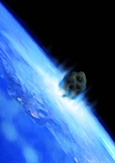 一颗小行星向地球坠落，世界末日即将来临。亚历山德罗-洛纳蒂绘制。2012. 作者 亚历山德罗·洛纳蒂