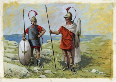 古希腊：tureophoros 雇佣兵（Thureophoros 或 Threophoroi）（公元前 3 世纪至 1 世纪）（右）和 Thorakites（Thorakitai）（左）。 亚历山德罗·洛纳蒂绘画 作者 亚历山德罗·洛纳蒂
