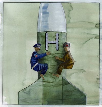 冷战：一名美国人和一名苏联军官紧紧抓住核导弹 插画：Alessandro Lonati 作者 亚历山德罗·洛纳蒂
