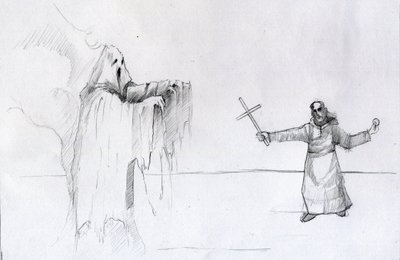 手持十字架的僧侣和鬼魂之间的争斗 插图：Alessandro Lonati 作者 亚历山德罗·洛纳蒂