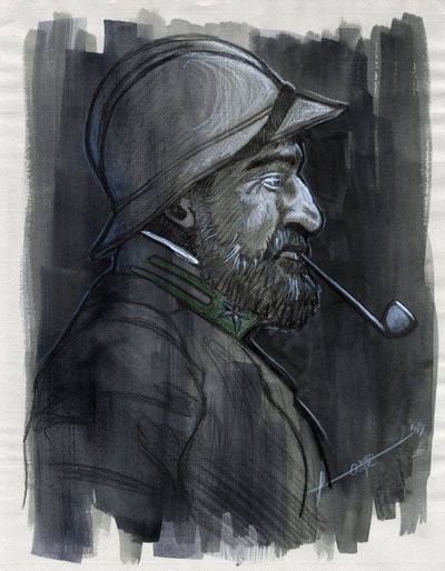 第一次世界大战 1914 年至 1918 年：1915 年意大利军队一名士兵抽烟斗的侧面肖像。亚历山德罗·洛纳蒂 (Alessandro Lonati) 绘图 作者 亚历山德罗·洛纳蒂