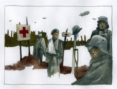 第一次世界大战：红色卡西人和战争伤员在红十字救援站负责 - 1914-1918 年 插画：Alessandro Lonati 作者 亚历山德罗·洛纳蒂