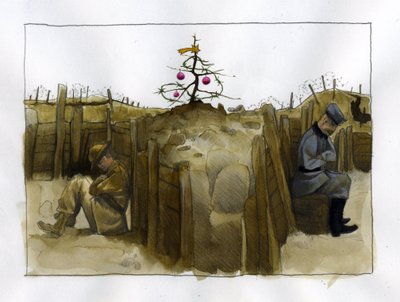 第一次世界大战：1914-1918 年圣诞节，战壕中两名敌军士兵--英国人（左）和德国人--的孤独插图 作者：Alessandro Lonati 作者 亚历山德罗·洛纳蒂