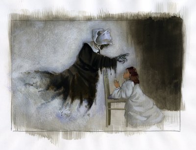 双手弯曲的老年修女的鬼魂出现在祈祷的小女孩面前 插图：Alessandro Lonati 作者 亚历山德罗·洛纳蒂