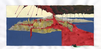 亚特兰蒂斯海下消失的岛屿神话插图：火山爆发将导致传说中的岛屿消失的景象。亚历山德罗-洛纳蒂绘制的彩色图画。 作者 亚历山德罗·洛纳蒂
