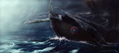 传说中的生物：攻击 Drakkar（维京船）的龙 亚历山德罗·洛纳蒂 (Alessandro Lonati) 绘图 作者 亚历山德罗·洛纳蒂