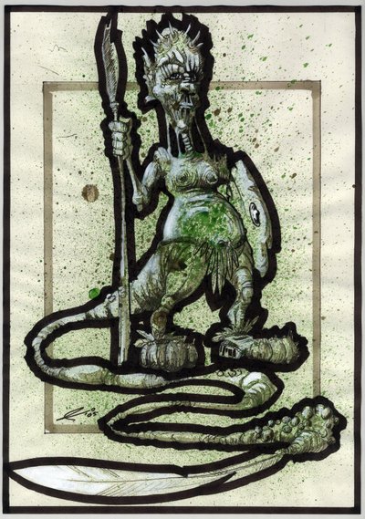 幻想插图的传奇怪物：部落生物或战士的脸，有矛、盾和羽毛尾巴。 亚历山德罗·洛纳蒂绘画 作者 亚历山德罗·洛纳蒂