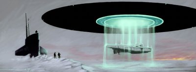 一艘 U 型潜艇和一艘飞碟（UFO、不明飞行物或外星人）在北极相遇，以归还一艘在战争期间被外星人掳走的潜艇。亚历山德罗-洛纳蒂的绘画作品 作者 亚历山德罗·洛纳蒂
